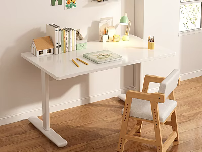 White Height Adjustable Desk With Wooden Chair Lamp Books And Stationery On Wooden Floor 3d model