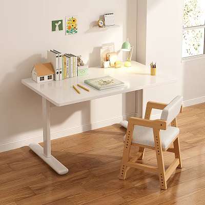 White Height Adjustable Desk With Wooden Chair Lamp Books And Stationery On Wooden Floor 3d model