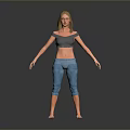 Woman Barefoot In Gray Off Shoulder Top And Blue Plaid Capri Pants On Reflective Floor 3d model