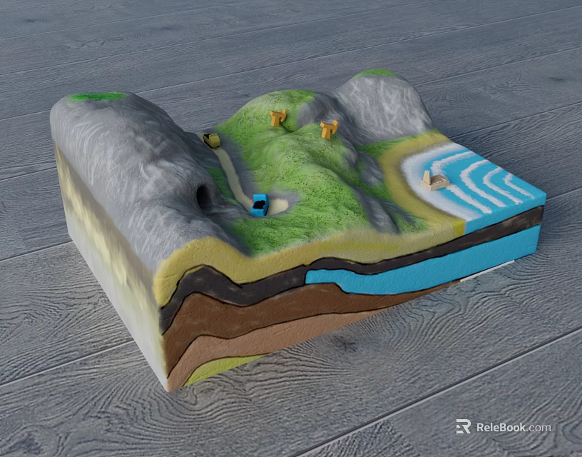 Commercial Geological Terrain Model With Layered Structure Water Area And Green Facilities 3d model 
