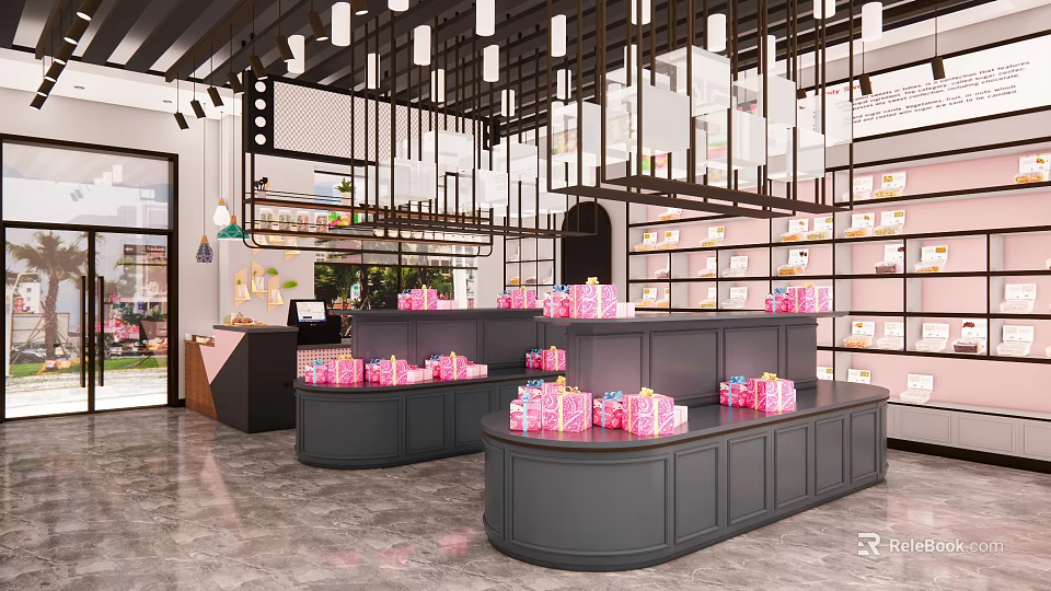 Store Interior With Display Counters Pink Gift Boxes And Hanging Lights 3d model 