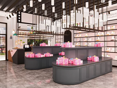 Store Interior With Display Counters Pink Gift Boxes And Hanging Lights 3d model