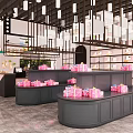 Store Interior With Display Counters Pink Gift Boxes And Hanging Lights 3d model