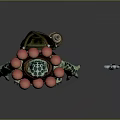 Turtle Humanoid Character With Green Spotted Skin Red Ball Necklace Black Pants And Spear Beside