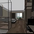 Modern Hotel Room Interior With Floor To Ceiling Windows Wooden Flooring Bed Wardrobe And Luggage