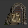 Rustic Horse Drawn Carriage Featuring Stone Water Wheel Wooden Fence Sacks And Cage
