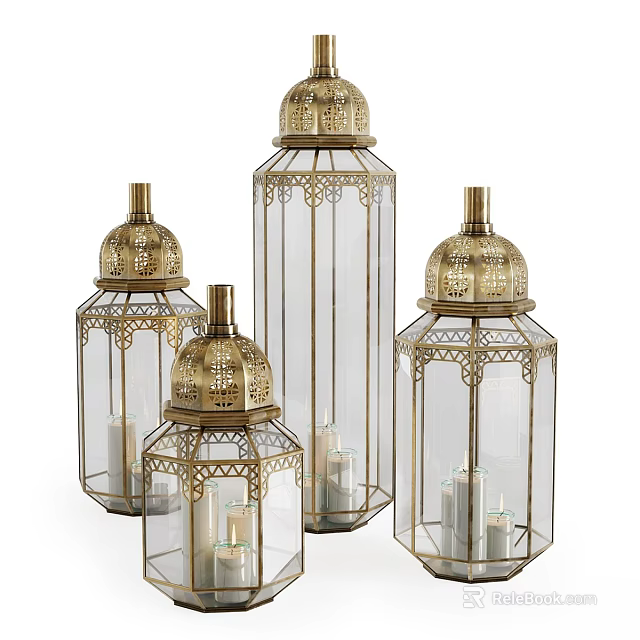 Gold Ornate Candle Lanterns With Intricate Cutout Design And Glass Enclosures Holding Candles 3d model 