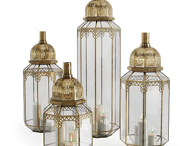 Gold Ornate Candle Lanterns With Intricate Cutout Design And Glass Enclosures Holding Candles 3d model