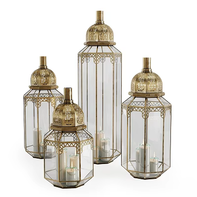 Gold Ornate Candle Lanterns With Intricate Cutout Design And Glass Enclosures Holding Candles 3d model