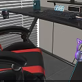 Gaming Computer Setup With RGB Desk Chair And Blue Geometric Wall Decor