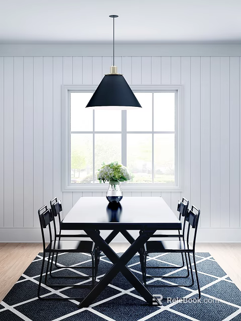 Black Rectangular Dining Table with Chairs Hanging Pendant Light Near Window and Flower Vase 3d model