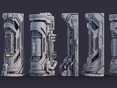 Futuristic Mechanical Columns with Complex Pipes Panels and Illuminated Elements in Sleek Gray Precision Design 3d model