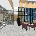 Spacious Modern Restaurant Interior With Large Windows Pendant Lights Dining Tables And Wine Rack