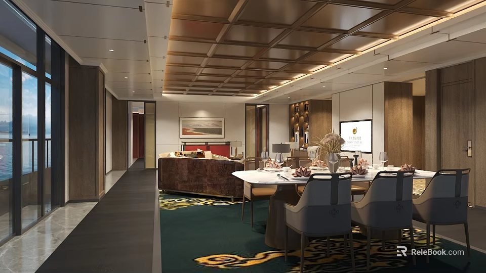 Private Room Interior Design With Luxury Sofa Dining Table TV And Decorative Elements 3d model