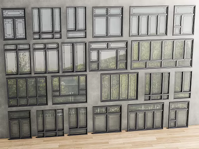 Casement Windows Featuring Various Designs And Different Frame Styles On Display Wall 3d model