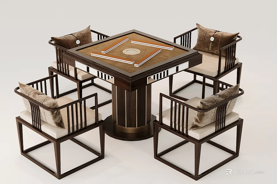 Modern Wooden Table and Chair Set with Square Top and Cushioned Seats for Living Room 3d model 