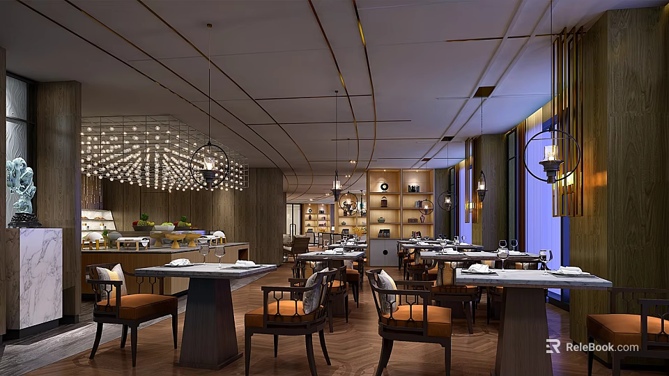 Elegant Restaurant Interior With Dining Tables Brown Chairs Crystal Chandeliers And Wooden Shelves 3d model 