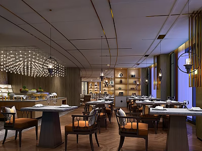 Elegant Restaurant Interior With Dining Tables Brown Chairs Crystal Chandeliers And Wooden Shelves 3d model