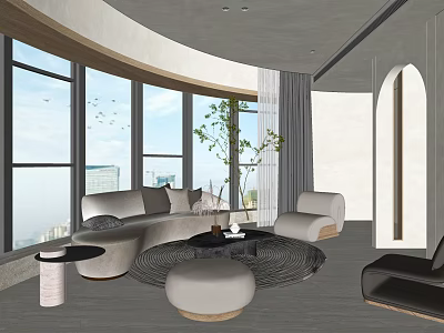 Modern Living Room Design Featuring Large Windows City View Sofa And Round Rug 3d model