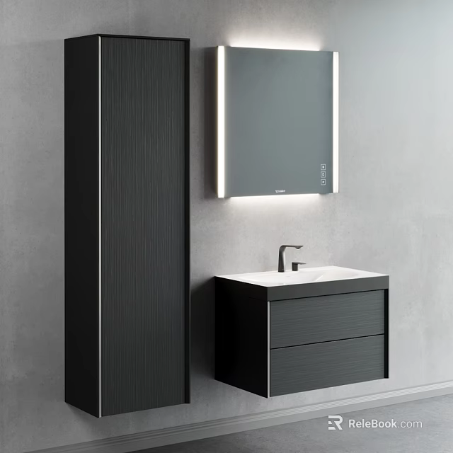 Modern Wall Mounted Washbasin Vanity With Black Cabinet And LED Mirror 3d model 