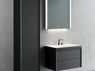 Modern Wall Mounted Washbasin Vanity With Black Cabinet And LED Mirror 3d model