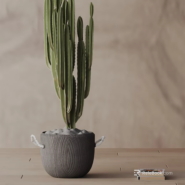 Cactus Bonsai Potted Plant in Wooden Textured Pot with Handles on Wooden Tabletop Beige Background 3d model 
