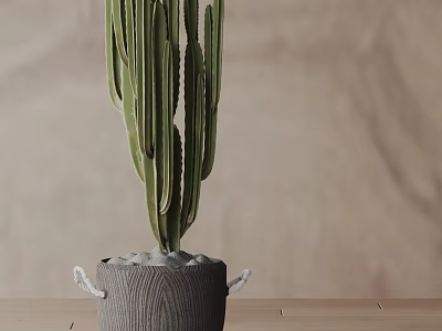 Cactus Bonsai Potted Plant in Wooden Textured Pot with Handles on Wooden Tabletop Beige Background 3d model