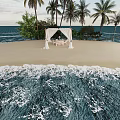 Romantic Beach Wedding Canopy Setup With Elegant Dining Setting Facing Blue Ocean Amid Palm Trees