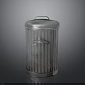 Silver Metal Trash Can With Stripped Design Lid And Decorative Emblem
