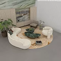 Luxury Cream Curved Sofa And Green Marble Coffee Table Set For Stylish Living Room Interior