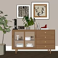 Modern Minimalist Wooden Sideboard With Glass Doors Drawers Green Plants And Wall Art In Interior
