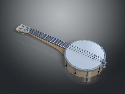 Handcrafted Wooden Banjo Instrument with Round Resonator Body and Fretboard Neck Featuring Metal Strings 3d model