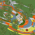 Outdoor Children's Play Area with Green Lawn Trees Curved Orange Gray Path and Slide