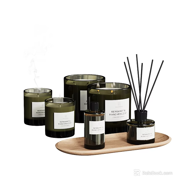 Decorative Ornament Set with Green Scented Candle Jars Diffuser Bottles Black Reeds on Wooden Tray 3d model 