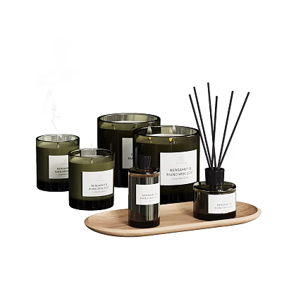 Decorative Ornament Set with Green Scented Candle Jars Diffuser Bottles Black Reeds on Wooden Tray 3d model