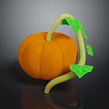 Fresh Orange Pumpkin with Green Vine and Leaves on Dark Background