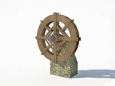 Traditional Agricultural Equipment Wooden Waterwheel With Stone Base For Farm Irrigation 3d model