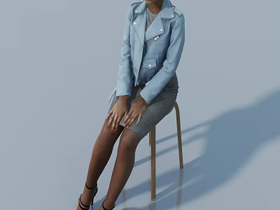 Woman Sitting on Chair in Light Blue Leather Jacket Gray Skirt and Black High Heels 3d model