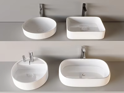 Modern Double White Washbasins In Bathroom With Silver Faucets On Gray Countertop 3d model