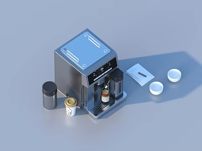 Stainless Steel Coffee Machine With White Cups And Coffee Canisters On Gray Surface 3d model