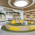Library Interior Design With Bookshelves Green Area And Yellow Seats