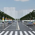 Modern Urban Road Facilities With Trees Lamp Posts Vehicles And Zebra Crossing