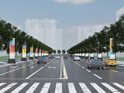 Modern Urban Road Facilities With Trees Lamp Posts Vehicles And Zebra Crossing 3d model