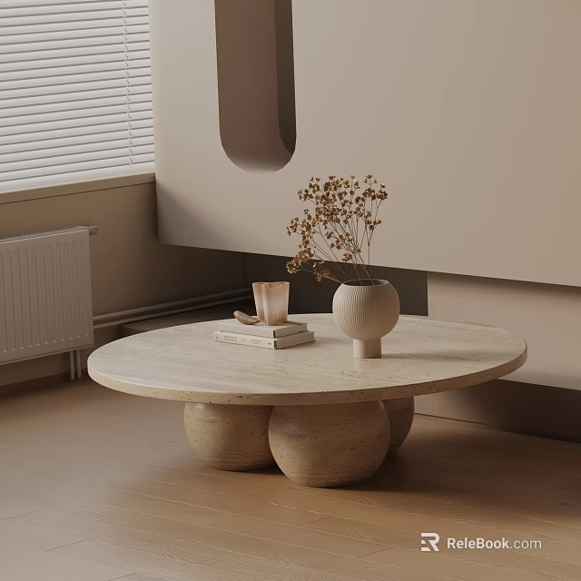 Modern Sofa Coffee Table Set With Round Light Table Books Candle And Dried Flower Vase 3d model 
