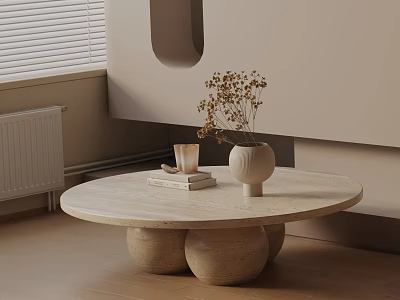 Modern Sofa Coffee Table Set With Round Light Table Books Candle And Dried Flower Vase 3d model