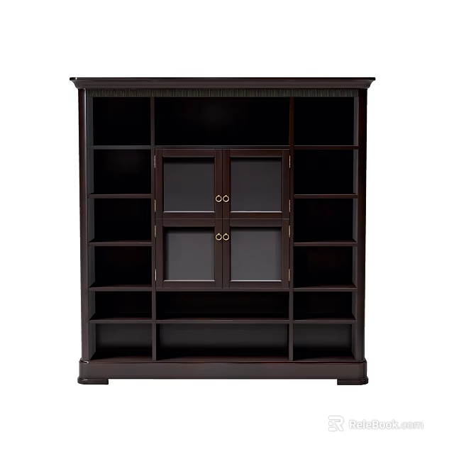 Dark Wood Traditional Bookcase With Glass Doors Metal Handles And Multiple Open Shelves 3d model 