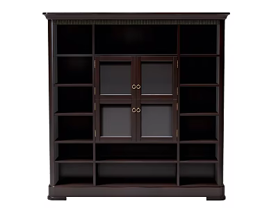 Dark Wood Traditional Bookcase With Glass Doors Metal Handles And Multiple Open Shelves 3d model