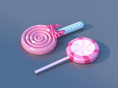 Cute Pink Lollipops With Spiral Bow Polka Dot Stick And Striped Design 3d model