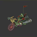Red Bicycle With Front Basket Blue Horn Red Flag And Rear Rocket Like Device