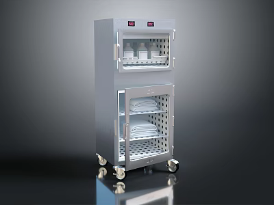 Stainless Steel Double Layer Storage Cabinet With Transparent Doors And Wheels 3d model